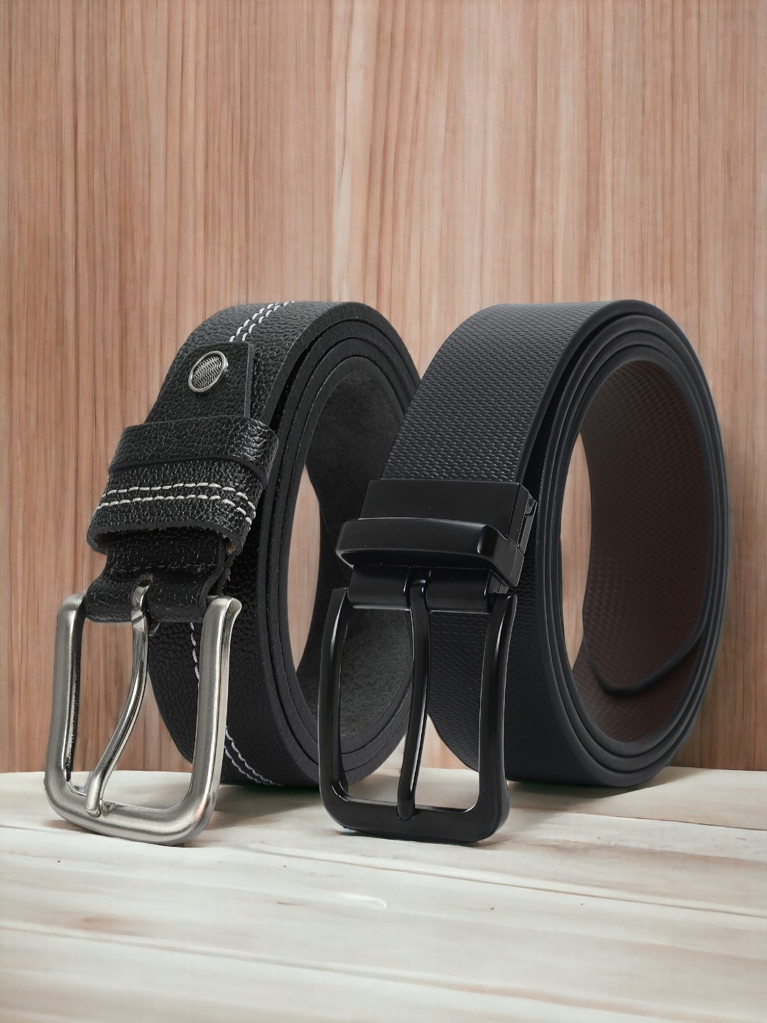 

CRUSSET Men Set Of 2 Textured Leather Reversible Wide Belt, Black