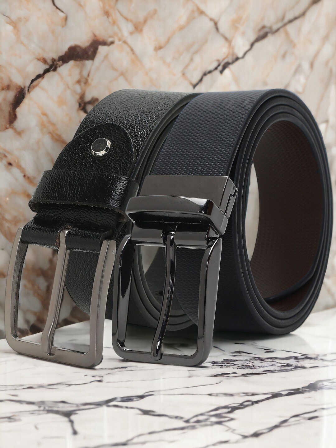 

CRUSSET Men Set Of 2 Textured Leather Reversible Wide Belt, Black