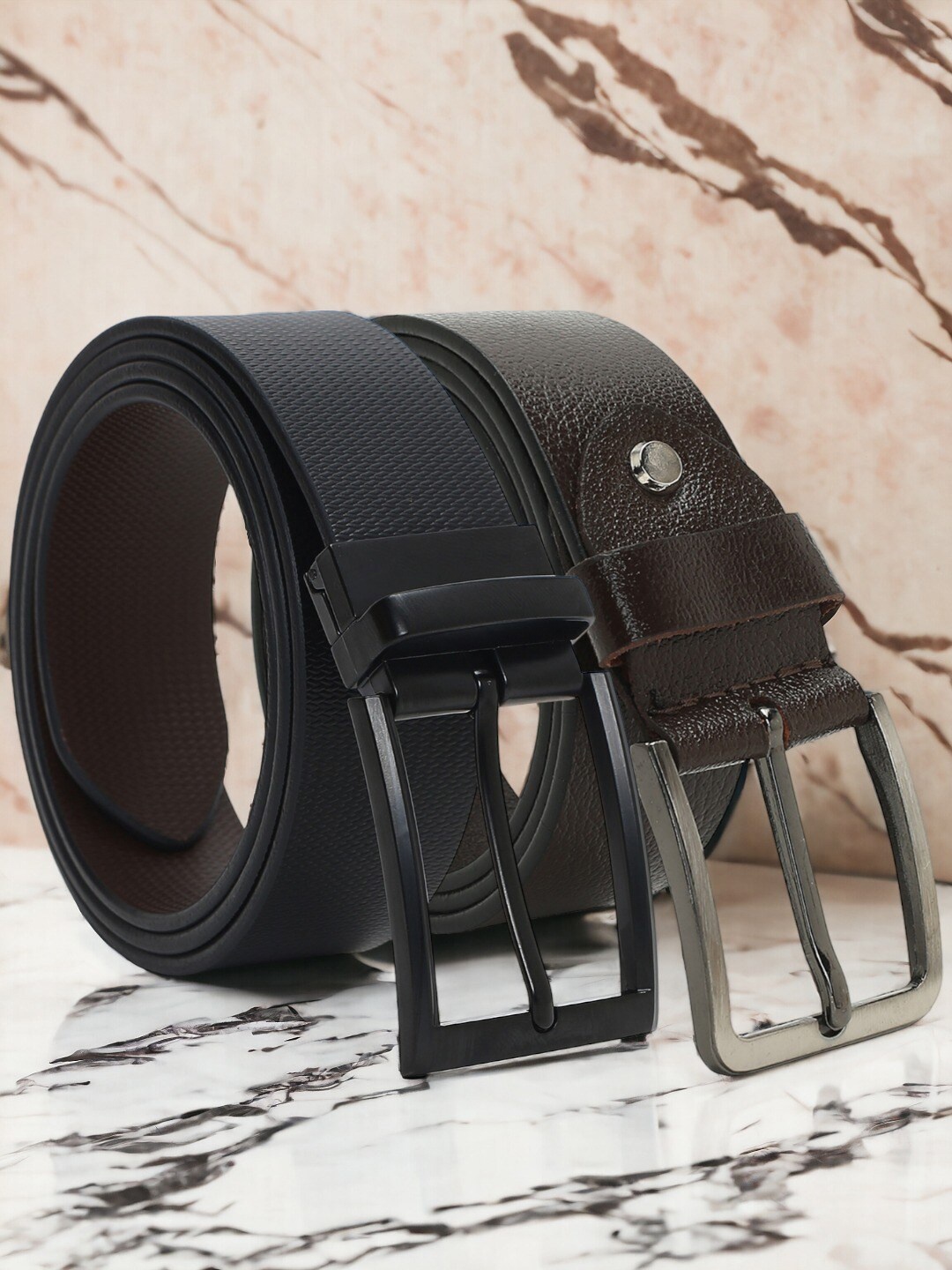 

CRUSSET Men Set Of 2 Textured Leather Reversible Wide Belt, Black
