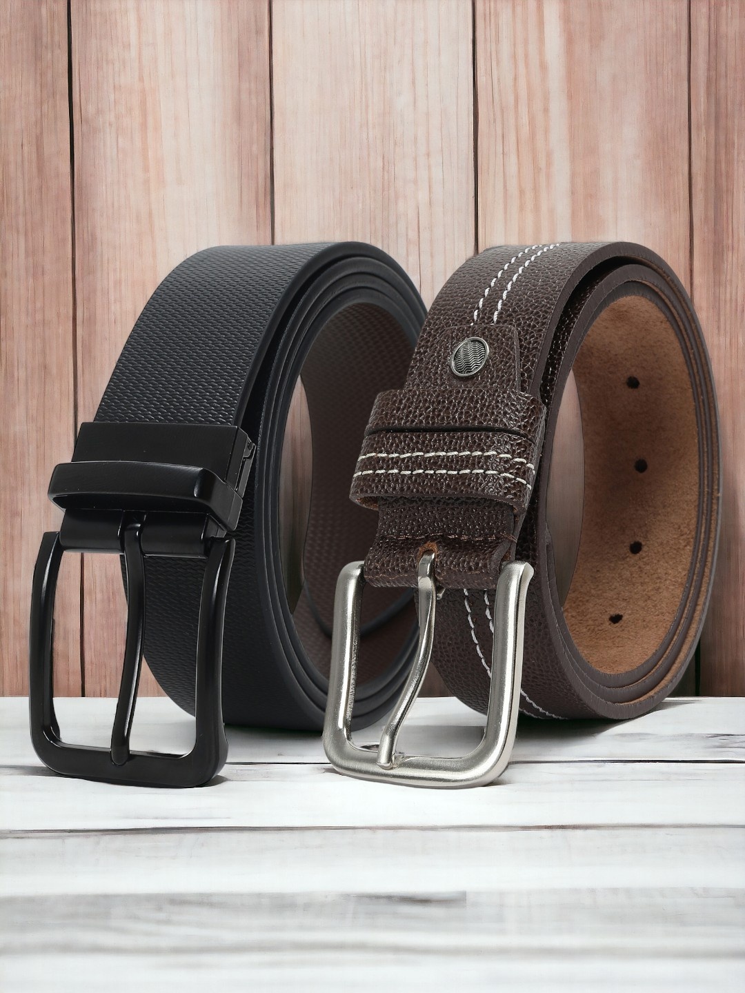 

CRUSSET Men Pack Of 2 Textured Leather Formal Belt, Black