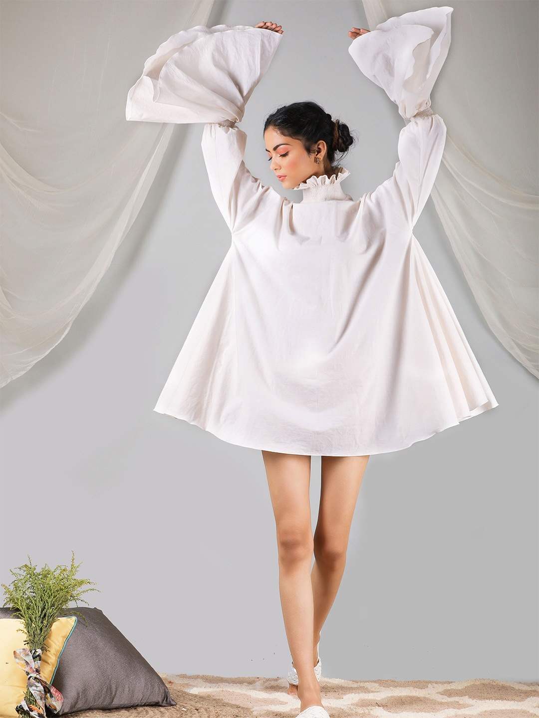 

KAORI BY SHREYA AGARWAL High Neck Bell Sleeve Cotton A-Line Dress, Off white