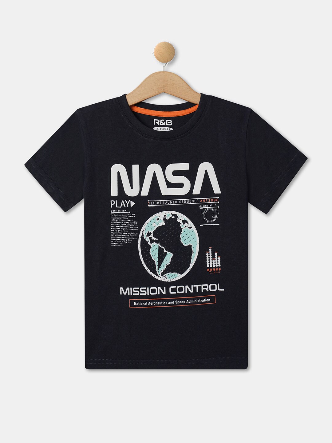 

R&B Boys Relaxed Fit NASA Printed Casual Cotton T-shirt, Navy blue