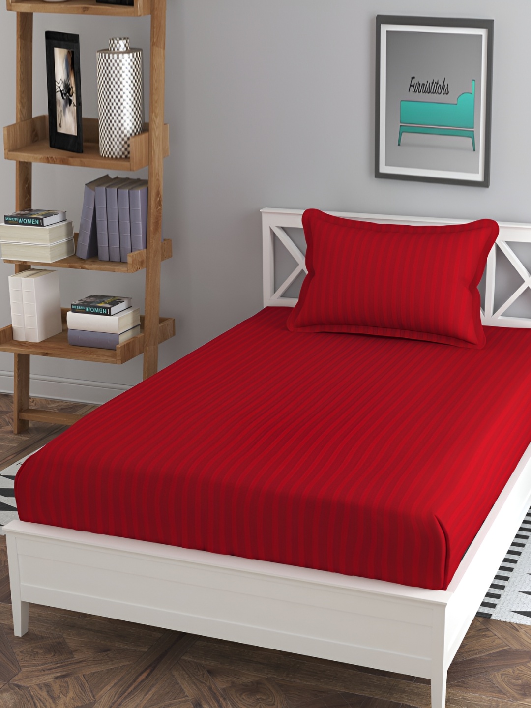 

Furnistitchs Red Striped 300 TC Fitted Single Bedsheet with 1 Pillow Cover