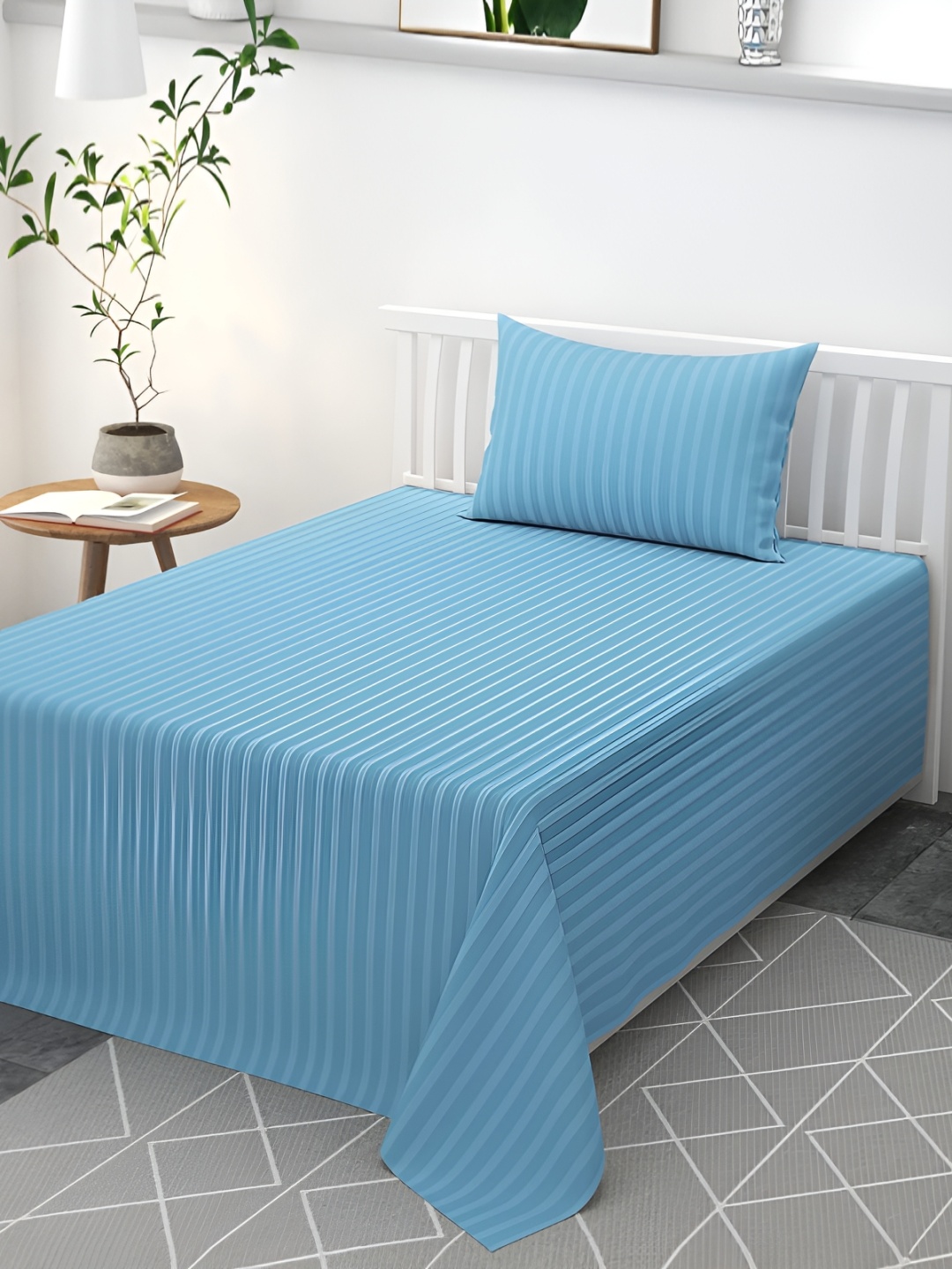 

Furnistitchs Blue Striped 300 TC Fitted Single Bedsheet with 1 Pillow Cover
