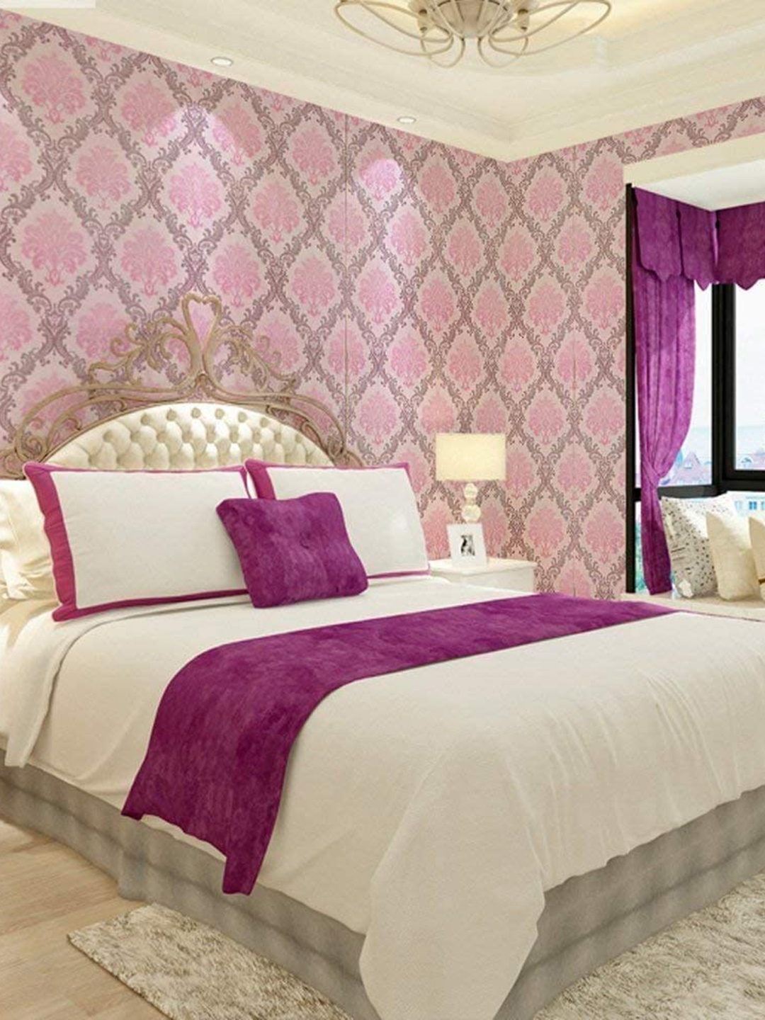 

KAAF Pink & Silver-Toned Damask Self-Adhesive Wallpaper