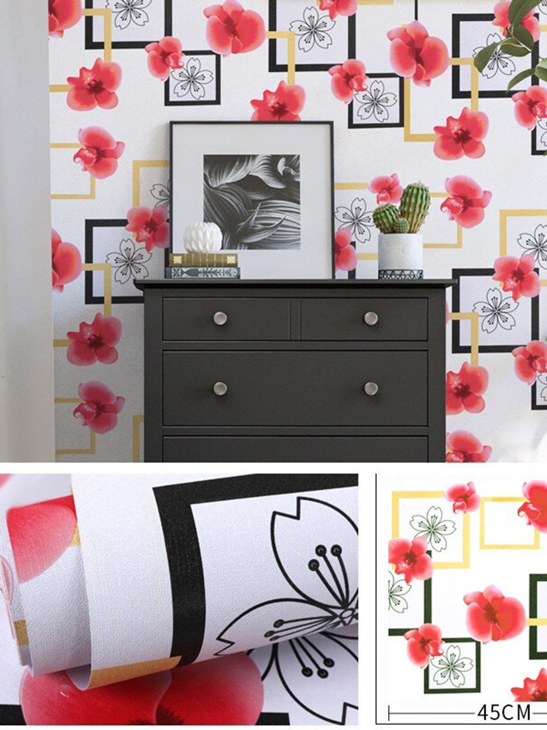 

KAAF White & Red Floral Self-Adhesive Wallpaper