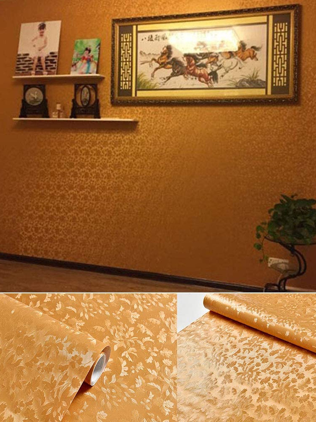 KAAF Gold-Toned Floral Printed Self Adhesive Water Proof Wallpaper
