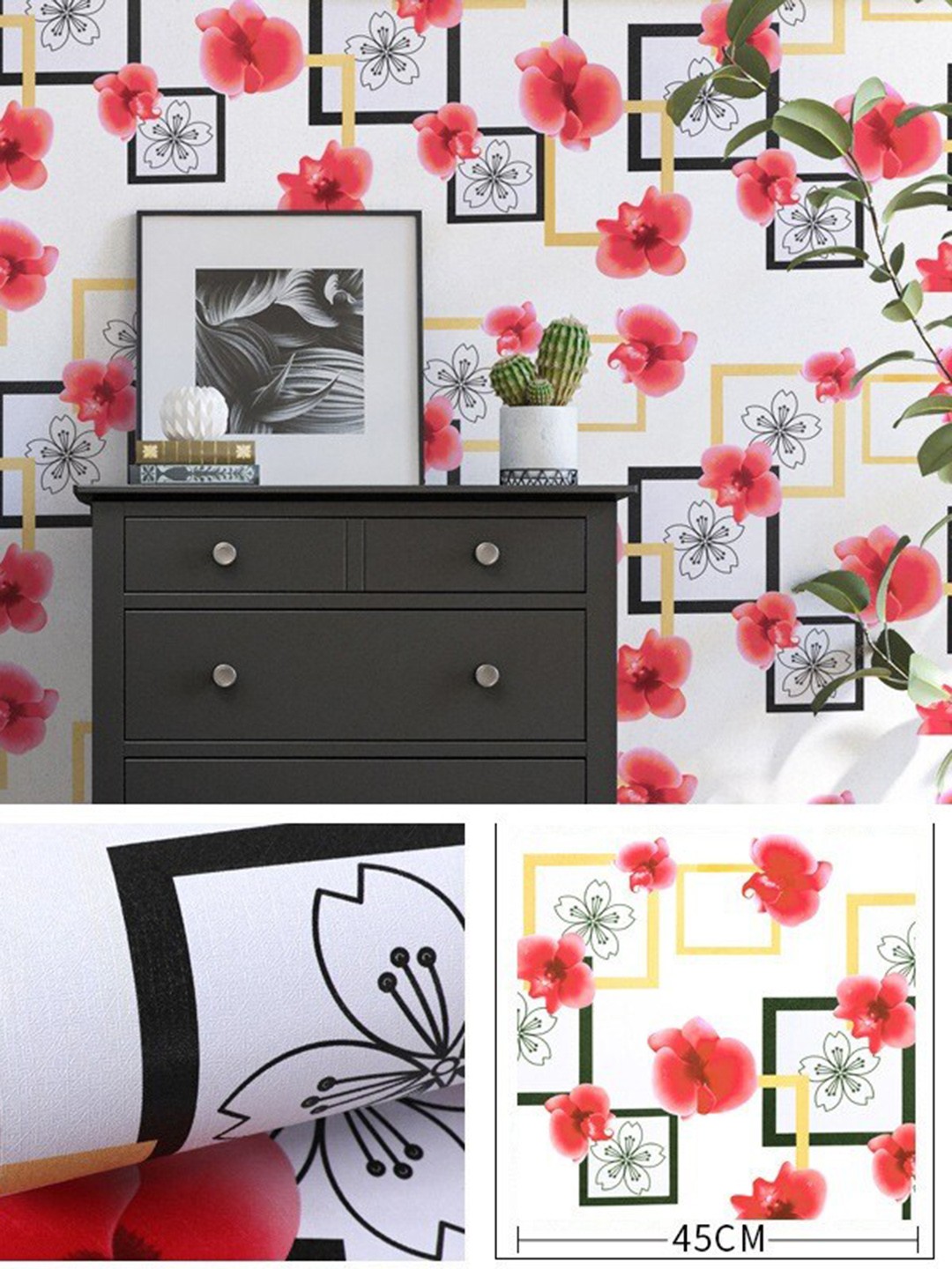 

KAAF White & Red Floral Printed Self Adhesive Water Proof Wallpaper