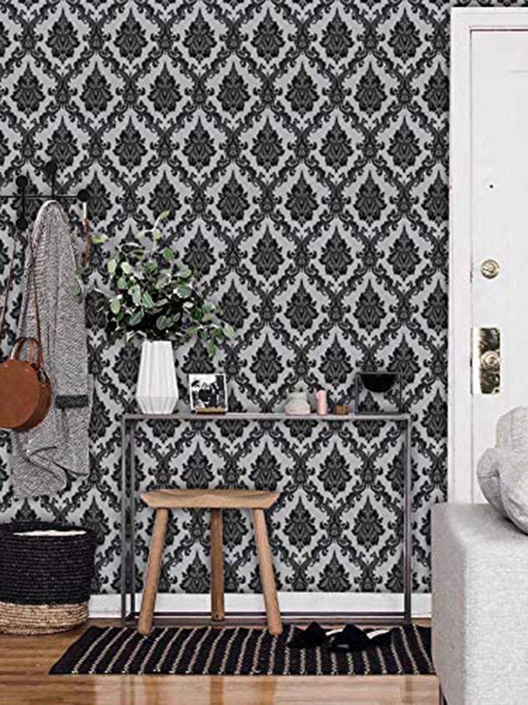 

KAAF White & Black Damask Printed Adhesive Wall Sticker