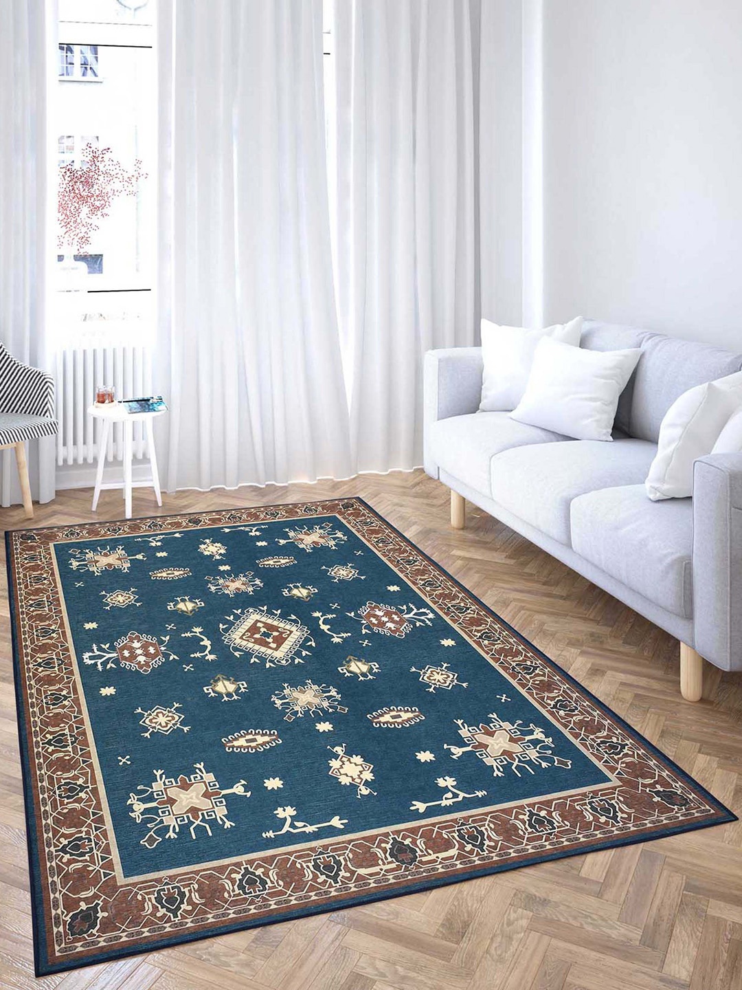 

PRESTO Blue & Brown Traditional Print Anti Skid Carpet