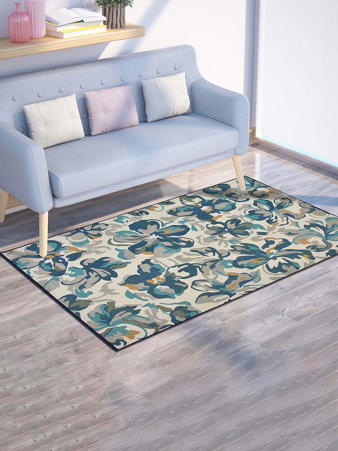 

PRESTO Blue & Beige Floral Printed Anti Skid Carpet