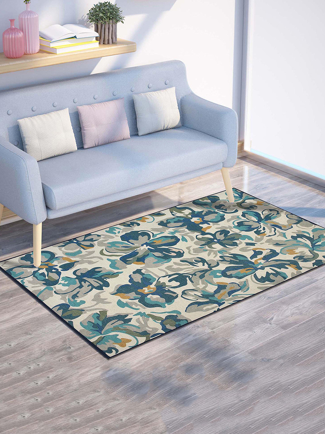 

PRESTO Blue & Beige Floral Printed Anti Skid Carpet
