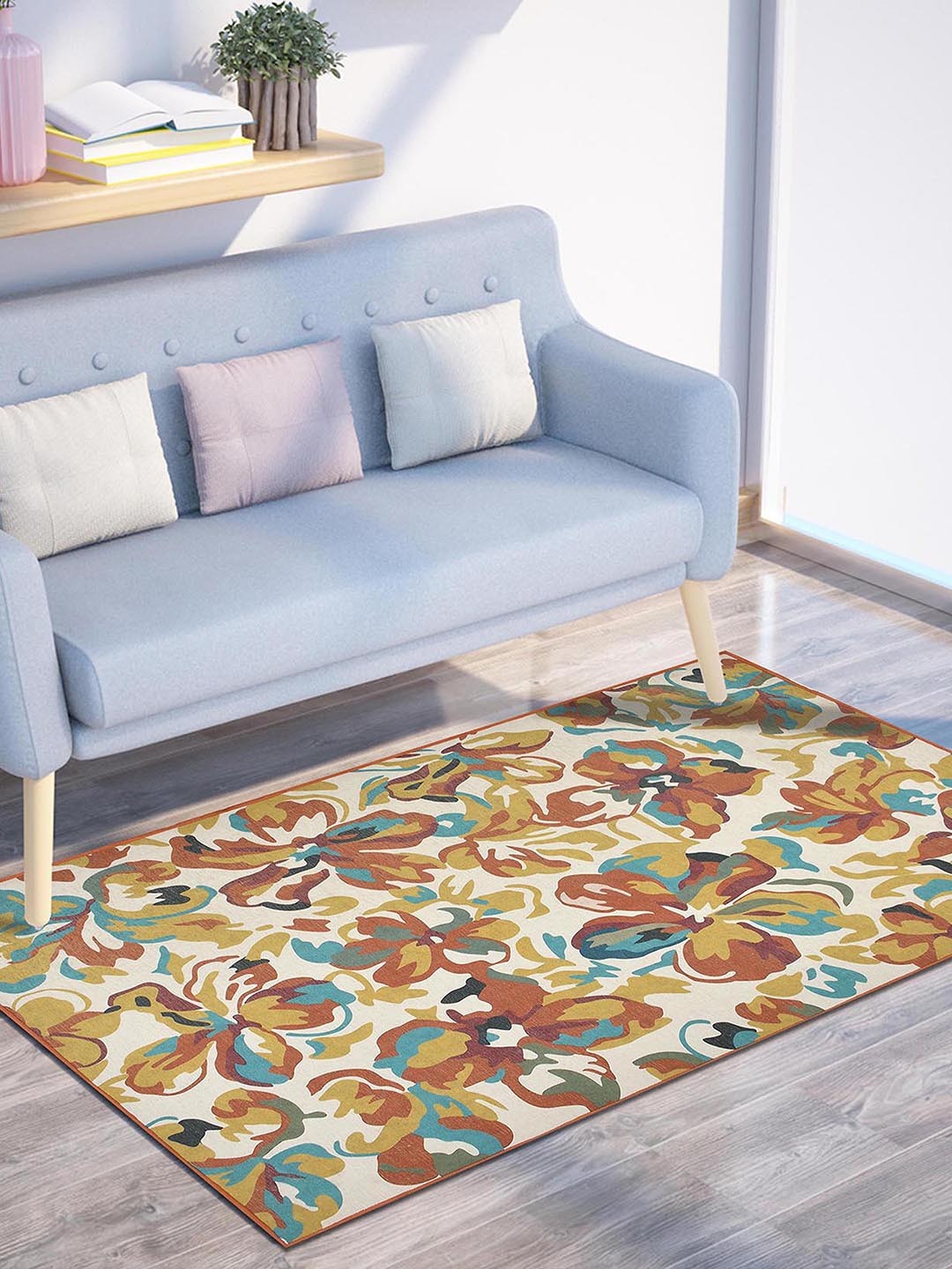 

PRESTO Beige & Orange Floral Anti-Skid Carpet