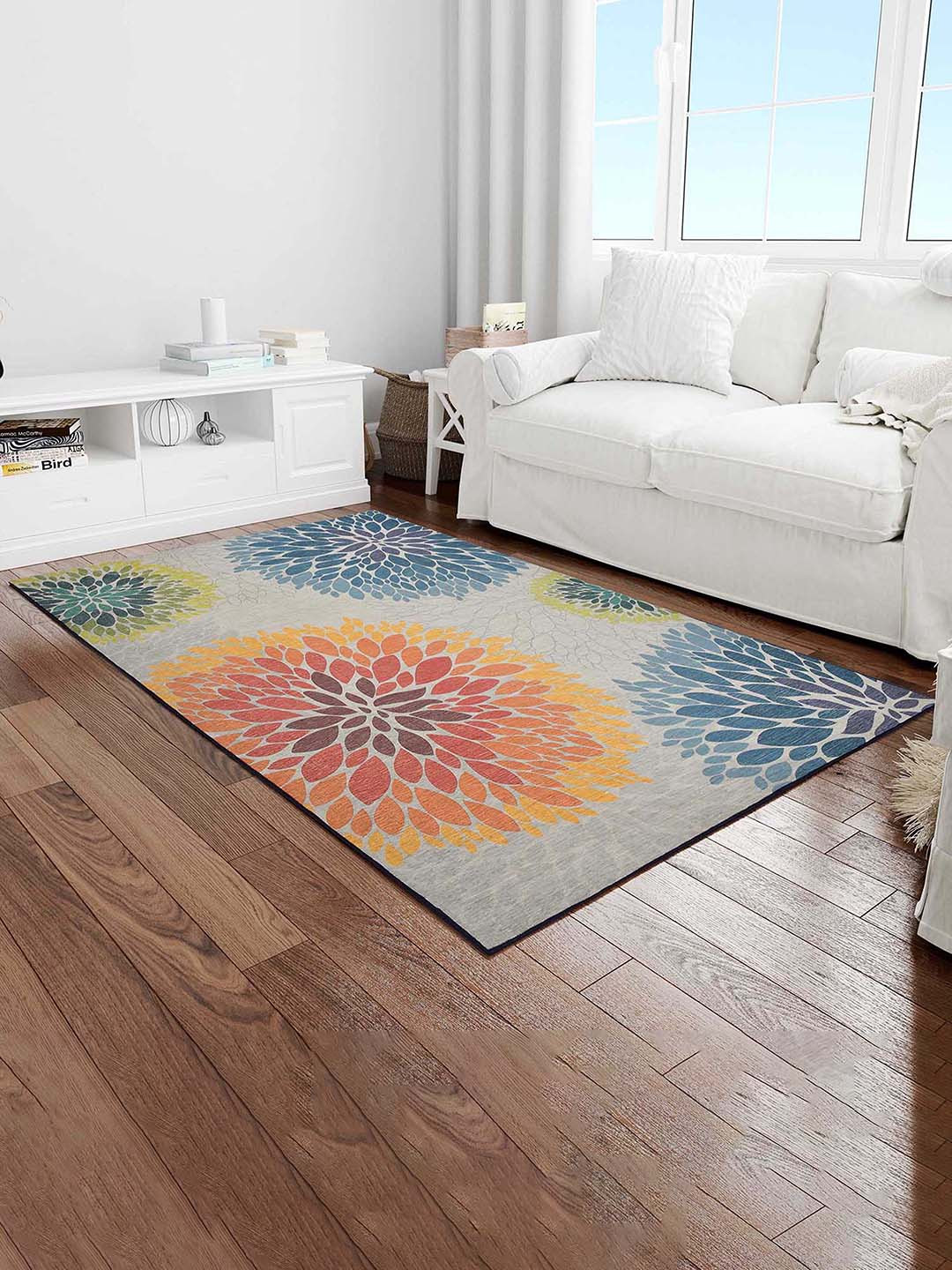 

PRESTO Grey & Orange Floral Printed Anti Skid Carpet