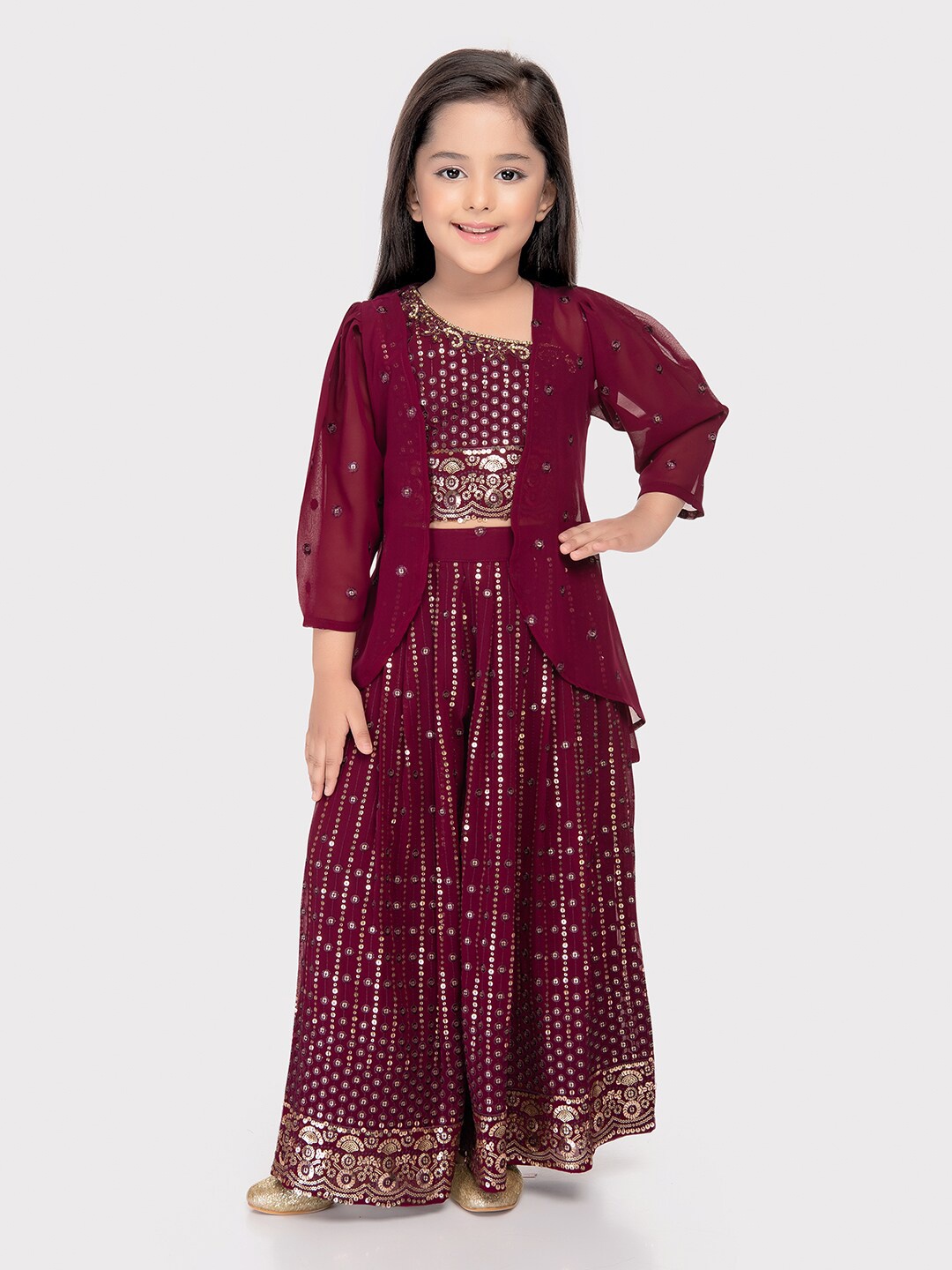 

Tiny Kingdom Girls Embellished One Shoulder Top With Palazzos & Jacket, Burgundy