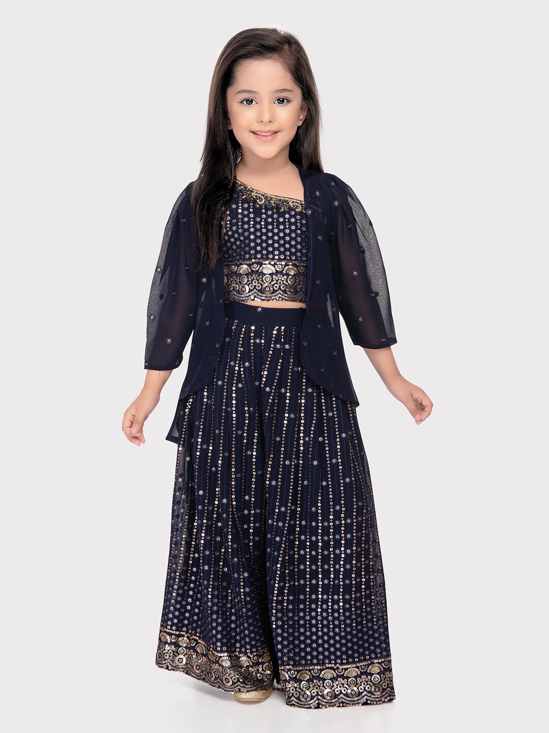 

Tiny Kingdom Girls Embellished One Shoulder Top With Palazzos & Jacket, Blue