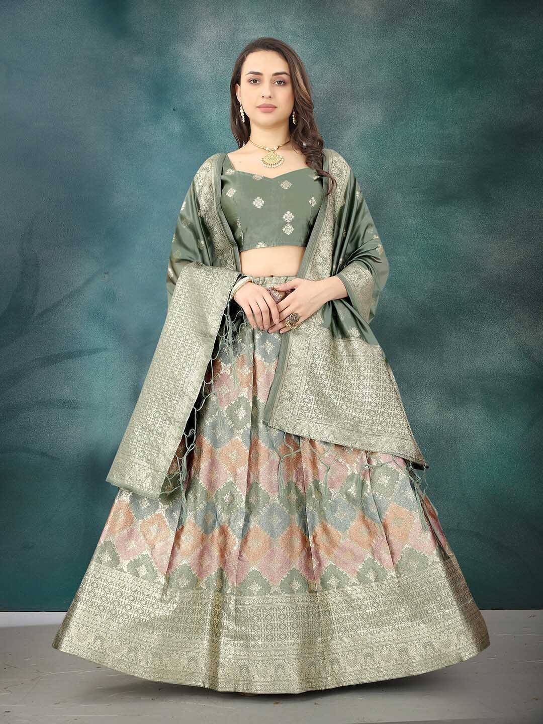 

KALINI Woven Design Organza Semi-Stitched Lehenga & Unstitched Blouse With Dupatta, Olive