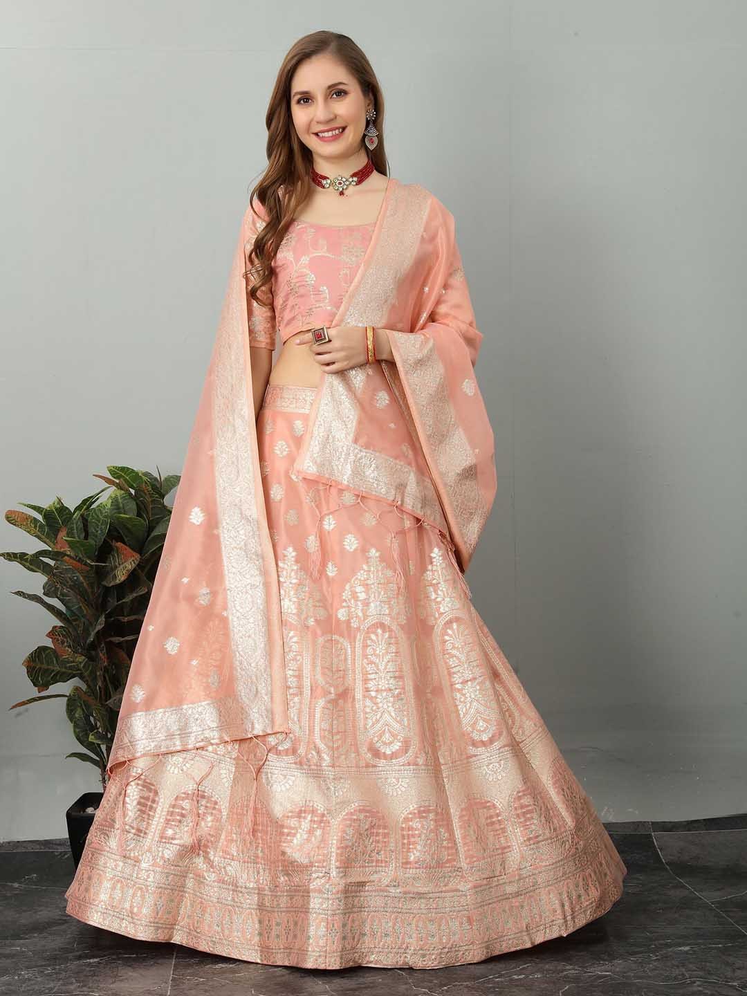 

KALINI Woven Design Semi-Stitched Organza Lehenga & Unstitched Blouse With Dupatta, Peach