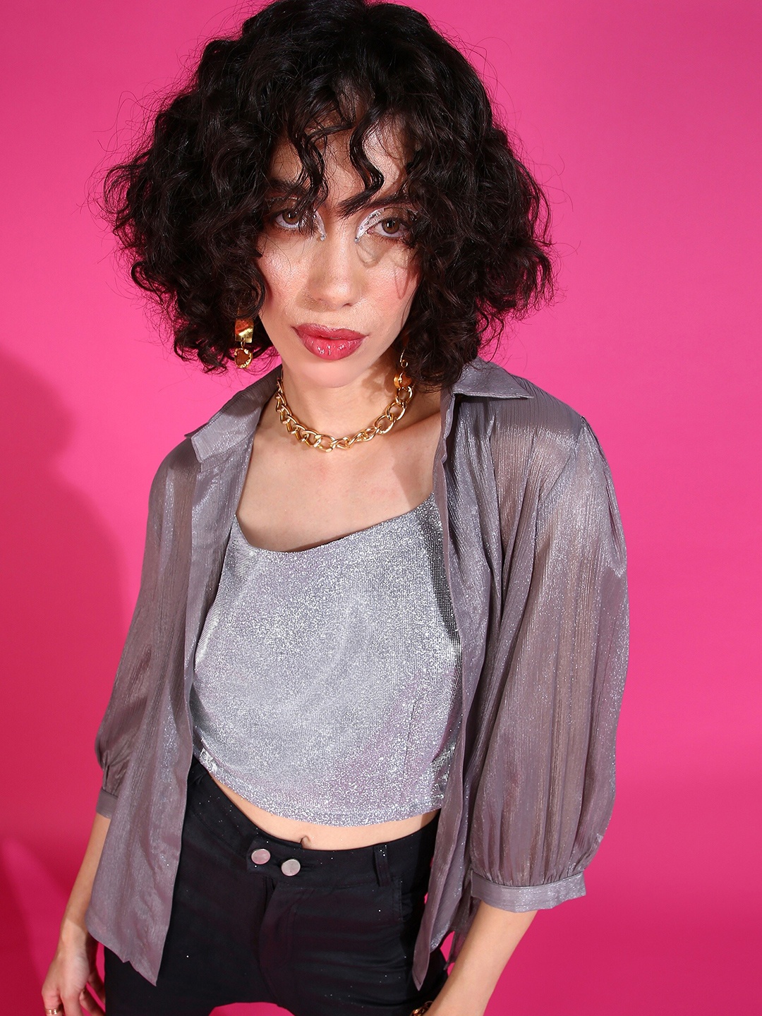 

SHECZZAR Self Design Shimmering Sleeveless Crop Top, Grey