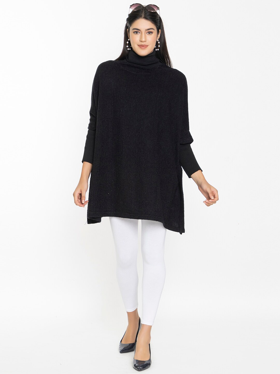 

KEIKO Turtle Neck Acrylic Poncho Sweater, Black