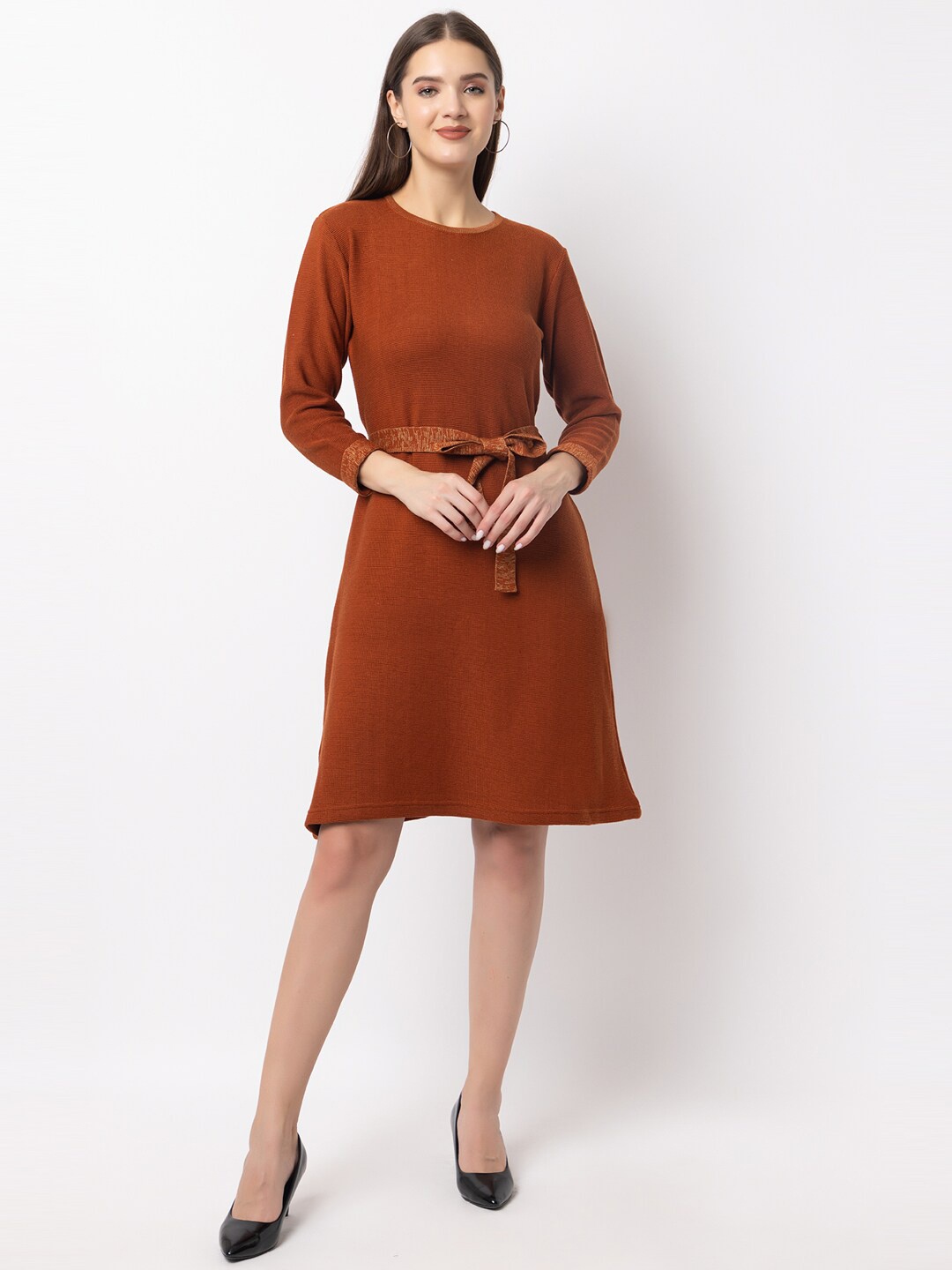 

KEIKO Self Design Long Sleeves Tie-Ups Acrylic Sheath Dress, Rust