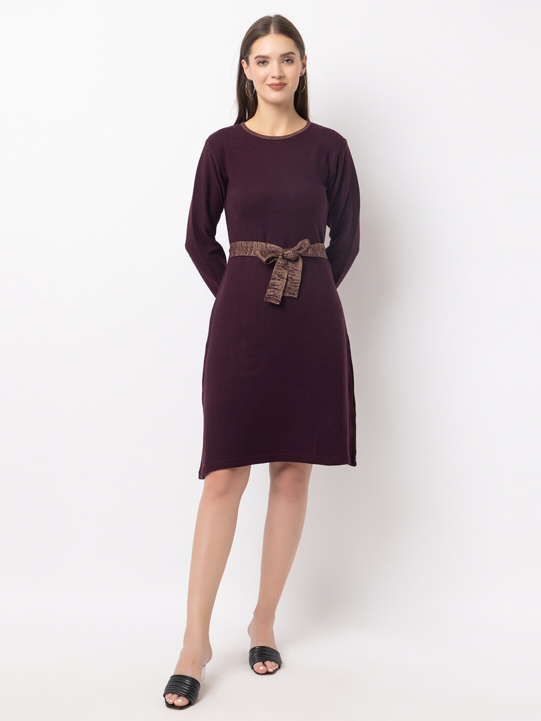 

KEIKO Self Design Long Sleeves Tie-Ups Acrylic Sheath Dress, Mauve