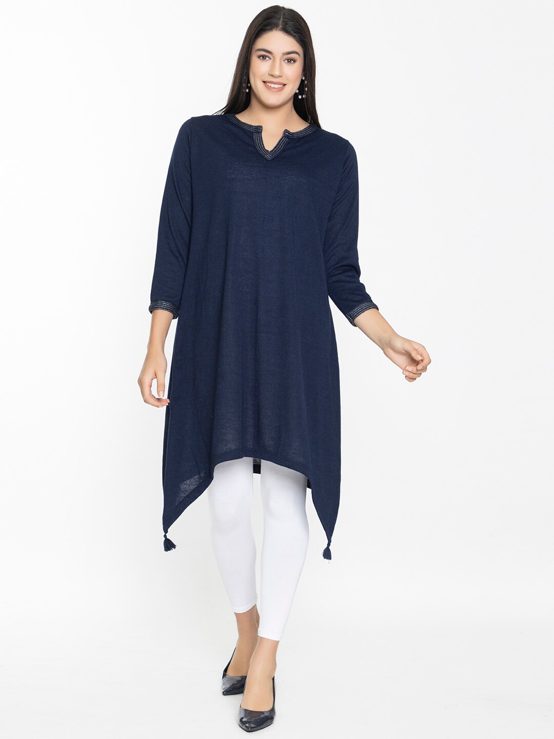 

KEIKO V-Neck Three-Quarter Sleeves Acrylic A-Line Kurta, Navy blue