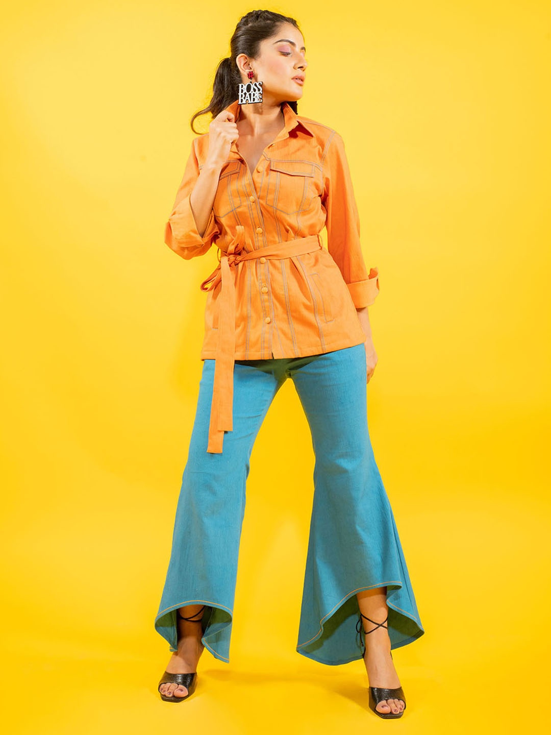 

KAORI BY SHREYA AGARWAL Shirt Collar Pure Cotton Shirt With High-Low Trouser, Orange