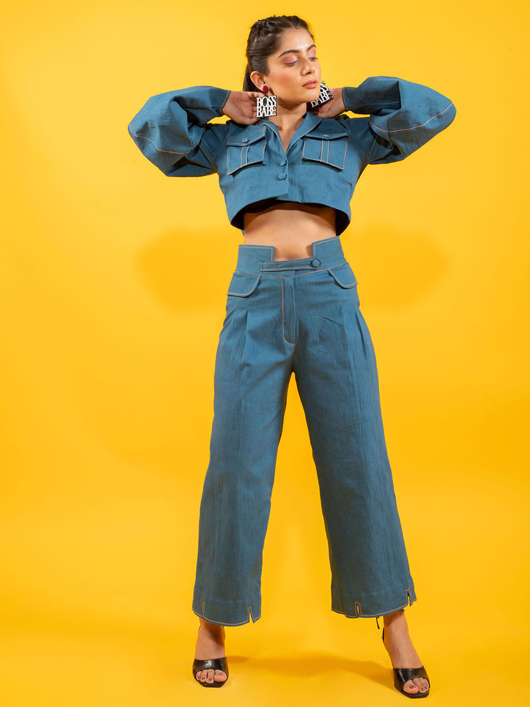 

KAORI BY SHREYA AGARWAL Puffed Sleeves Pure Cotton Oversized Short Jacket With Trouser, Blue
