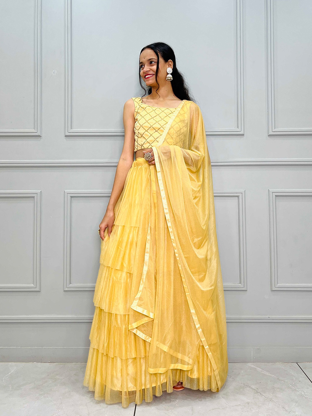

Fabcartz Beige Semi-Stitched Lehenga & Unstitched Blouse With Dupatta