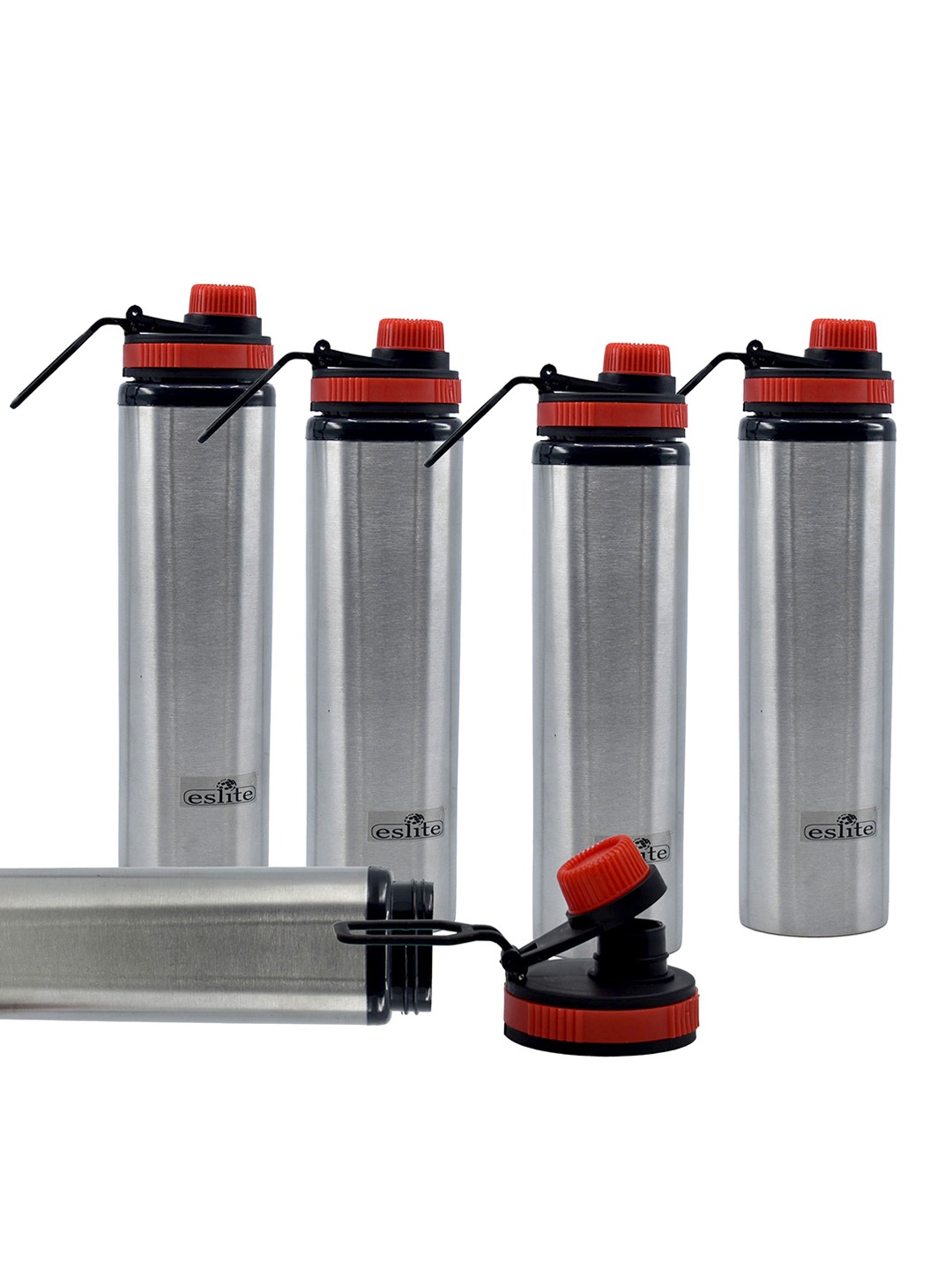 

Eslite Silver Toned & Red 5 Pieces Stainless Steel Sipper Water Bottles 750 ML