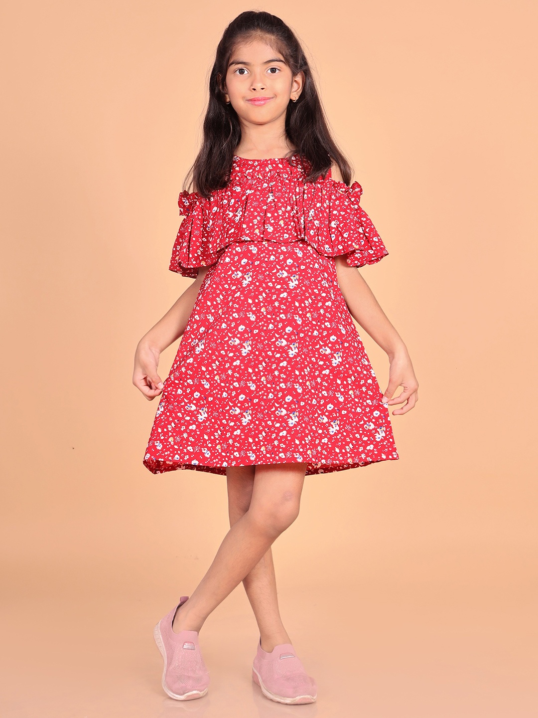 

BAESD Girls Floral Printed Cold-Shoulder Sleeves Pure Chiffon Ruffled A-Line Dress, Red