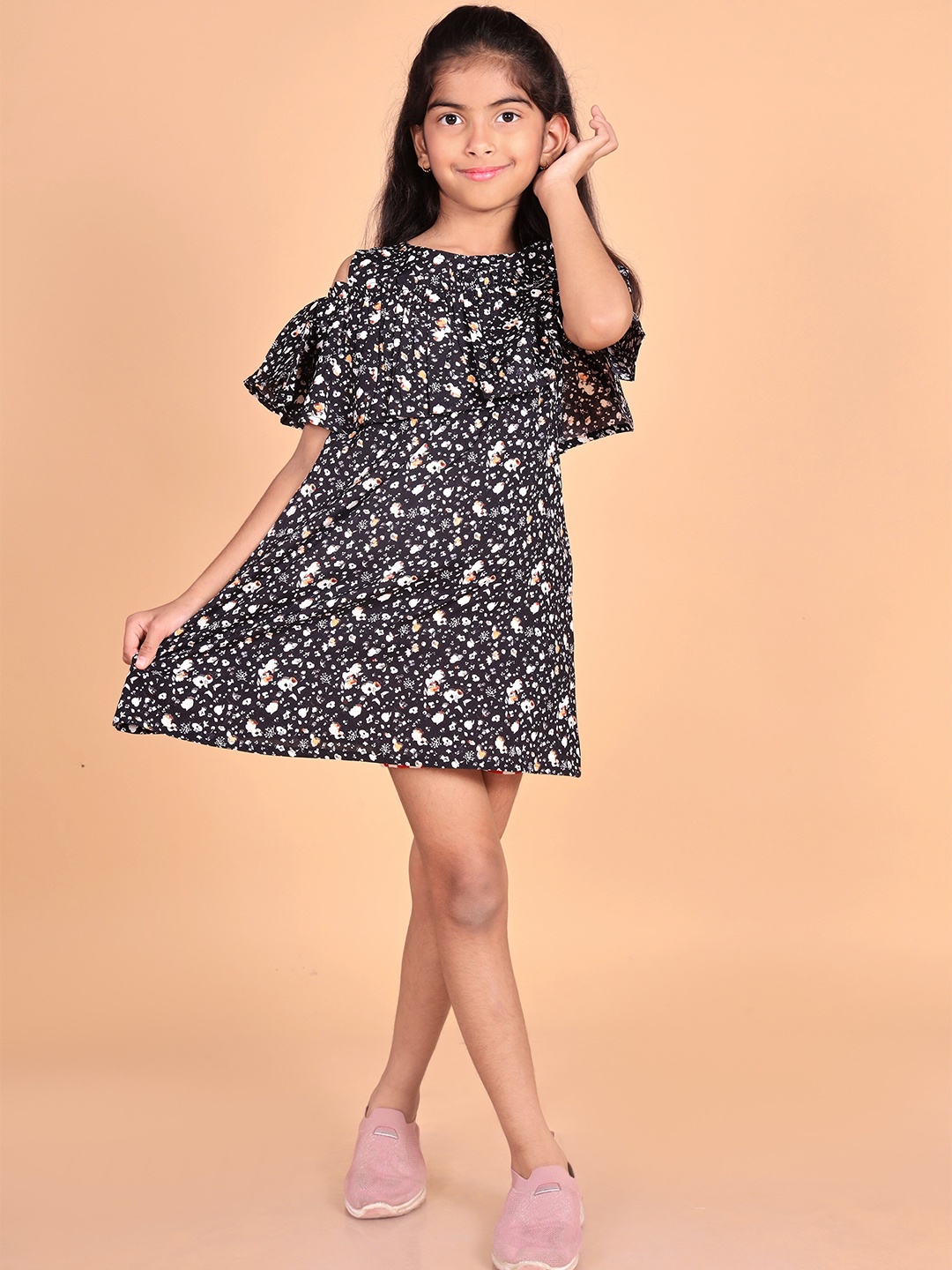 

BAESD Floral Printed Flared Sleeve Ruffles Dress, Black