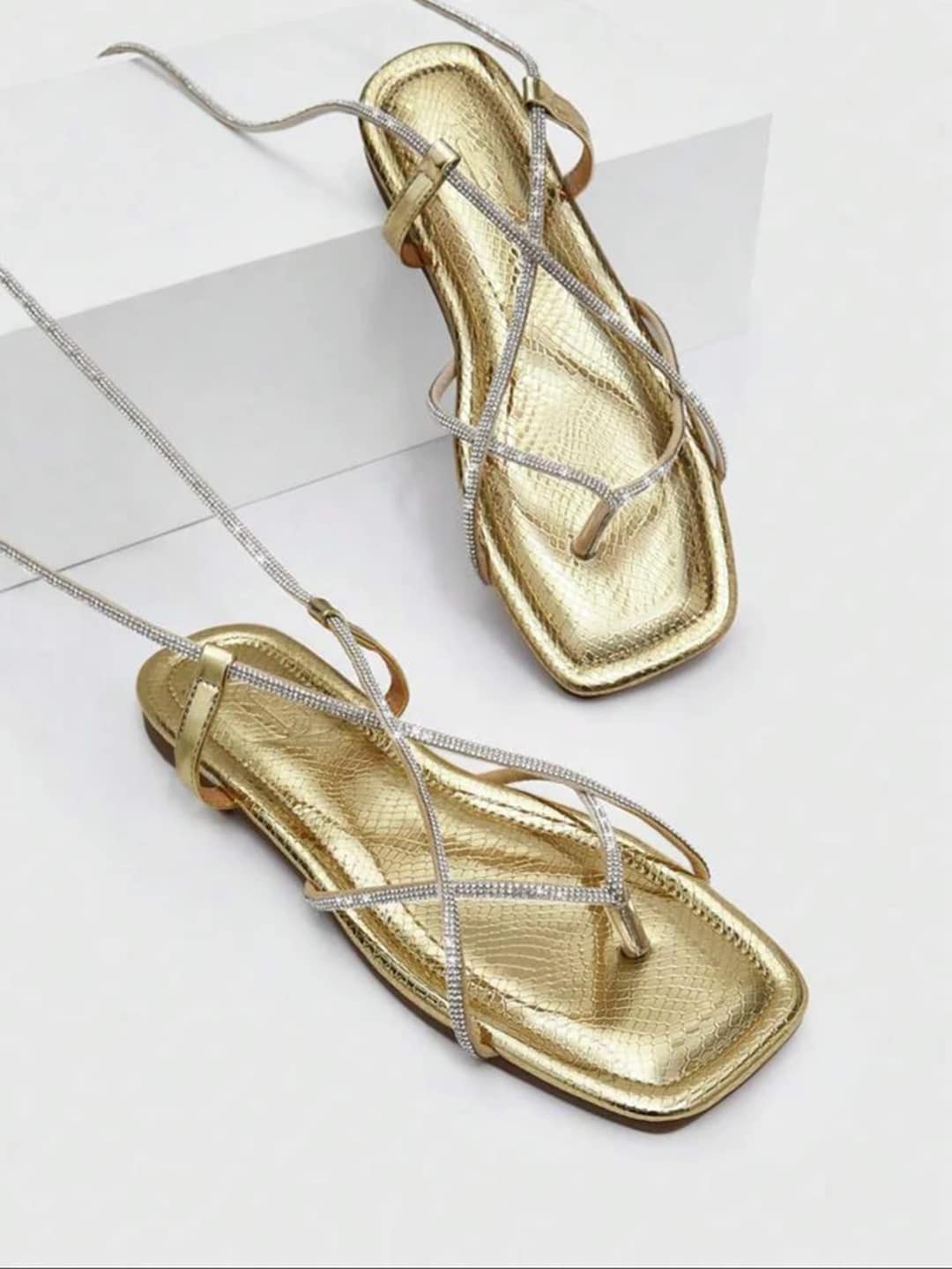 

TOPRICO Embellished Open Toe Gladiators With Lace- Ups, Gold
