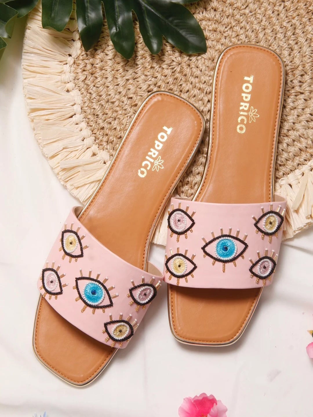 

TOPRICO Evil Eye Embellished Open Toe Flats, Pink