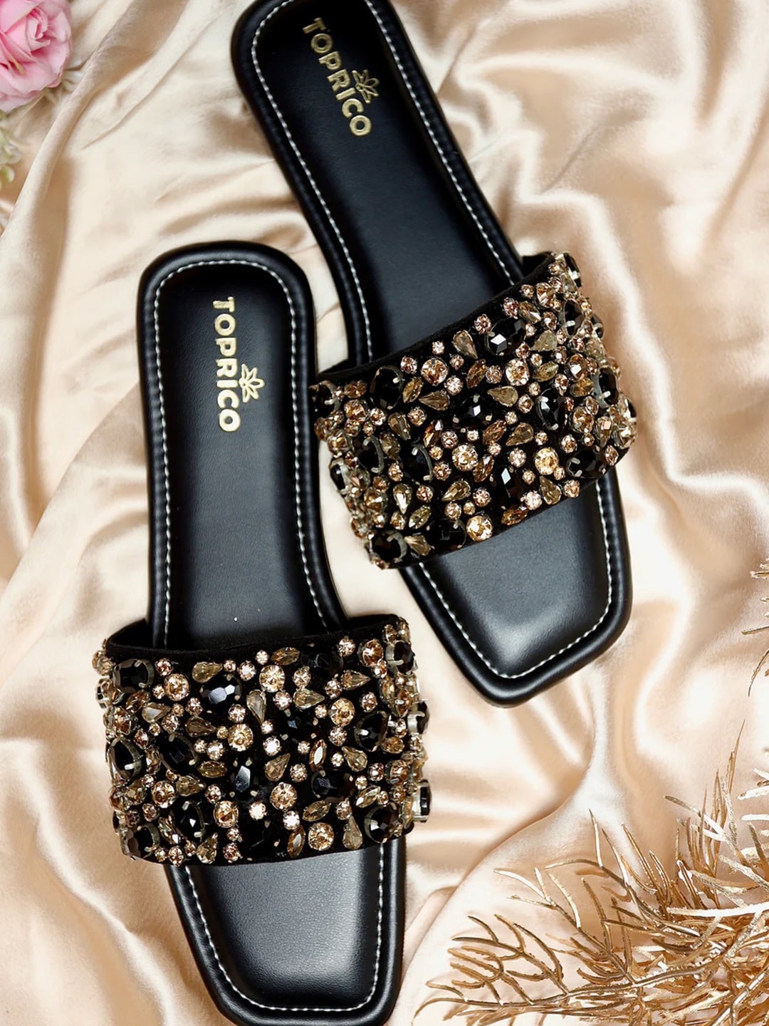 

TOPRICO Embellished Open Toe Flats, Black
