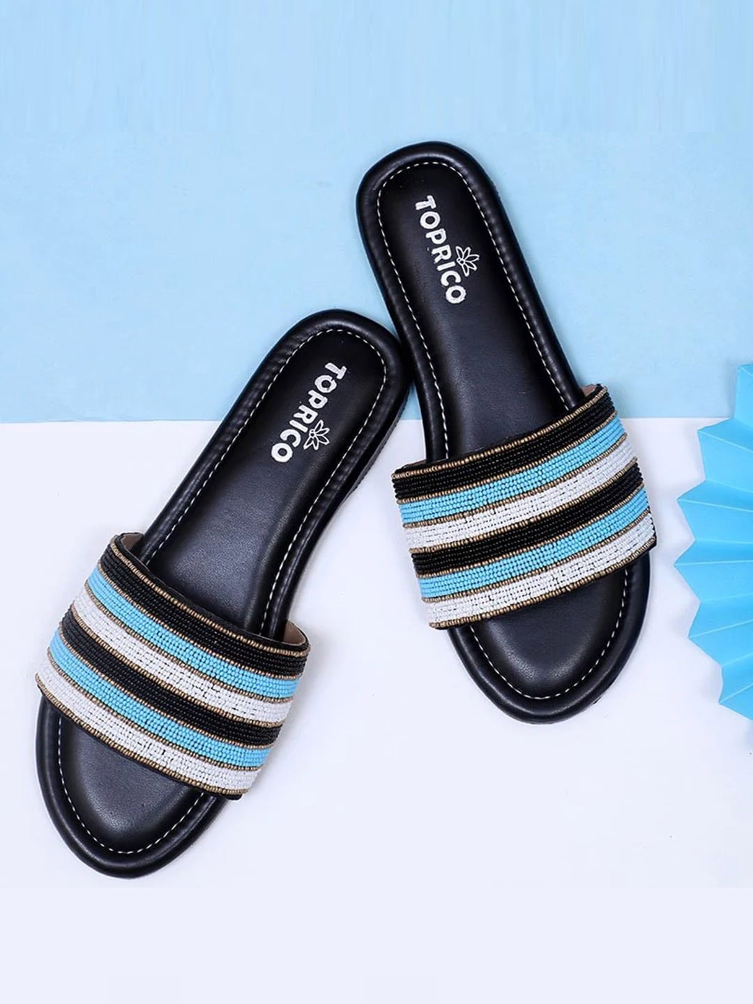 

TOPRICO Striped Embellished Open Toe Flats, Black