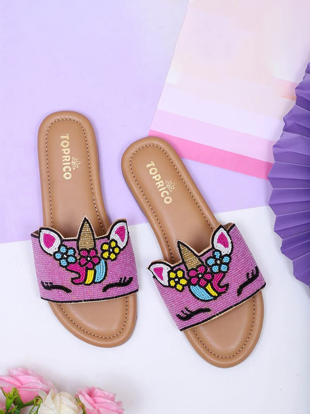 

TOPRICO Embellished Open Toe Flats, Tan
