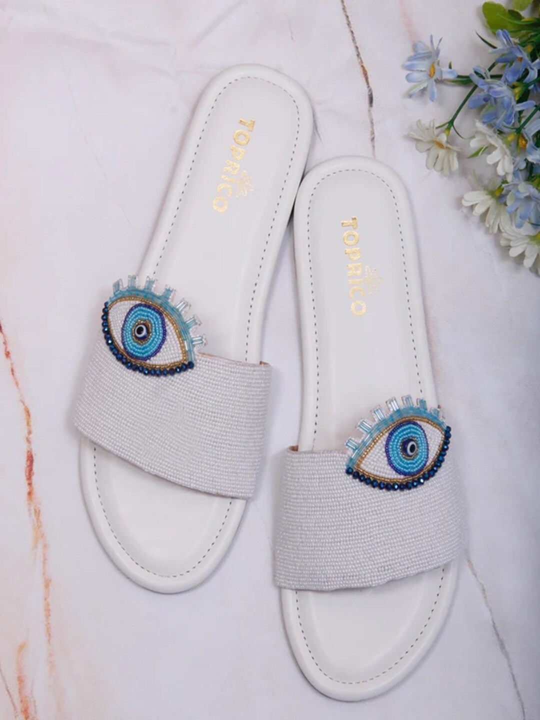 

TOPRICO Embellished Open Toe Flats, White