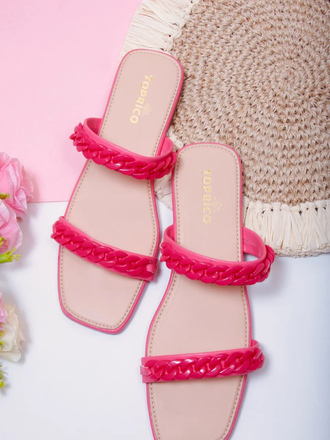 

TOPRICO Embellished Open Toe Flats, Pink