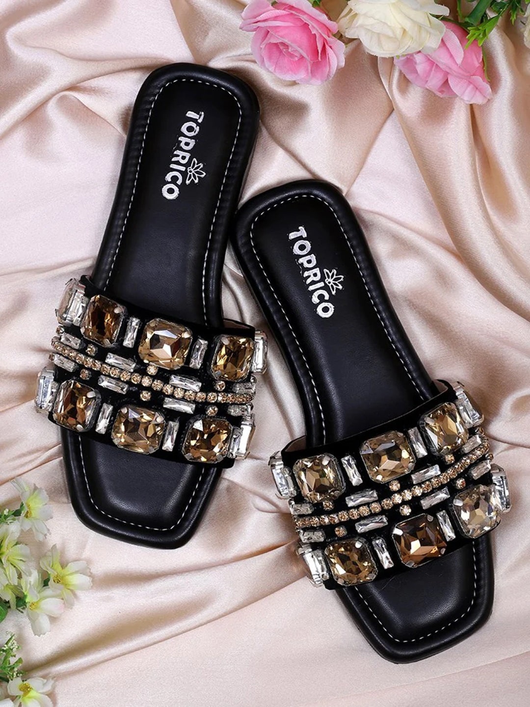 

TOPRICO Embellished Stone Studded Open Toe Flats, Black