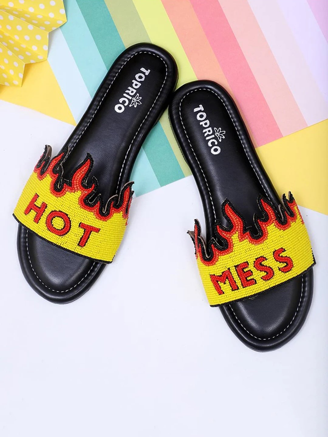 

TOPRICO Embellished Open Toe Flats, Black
