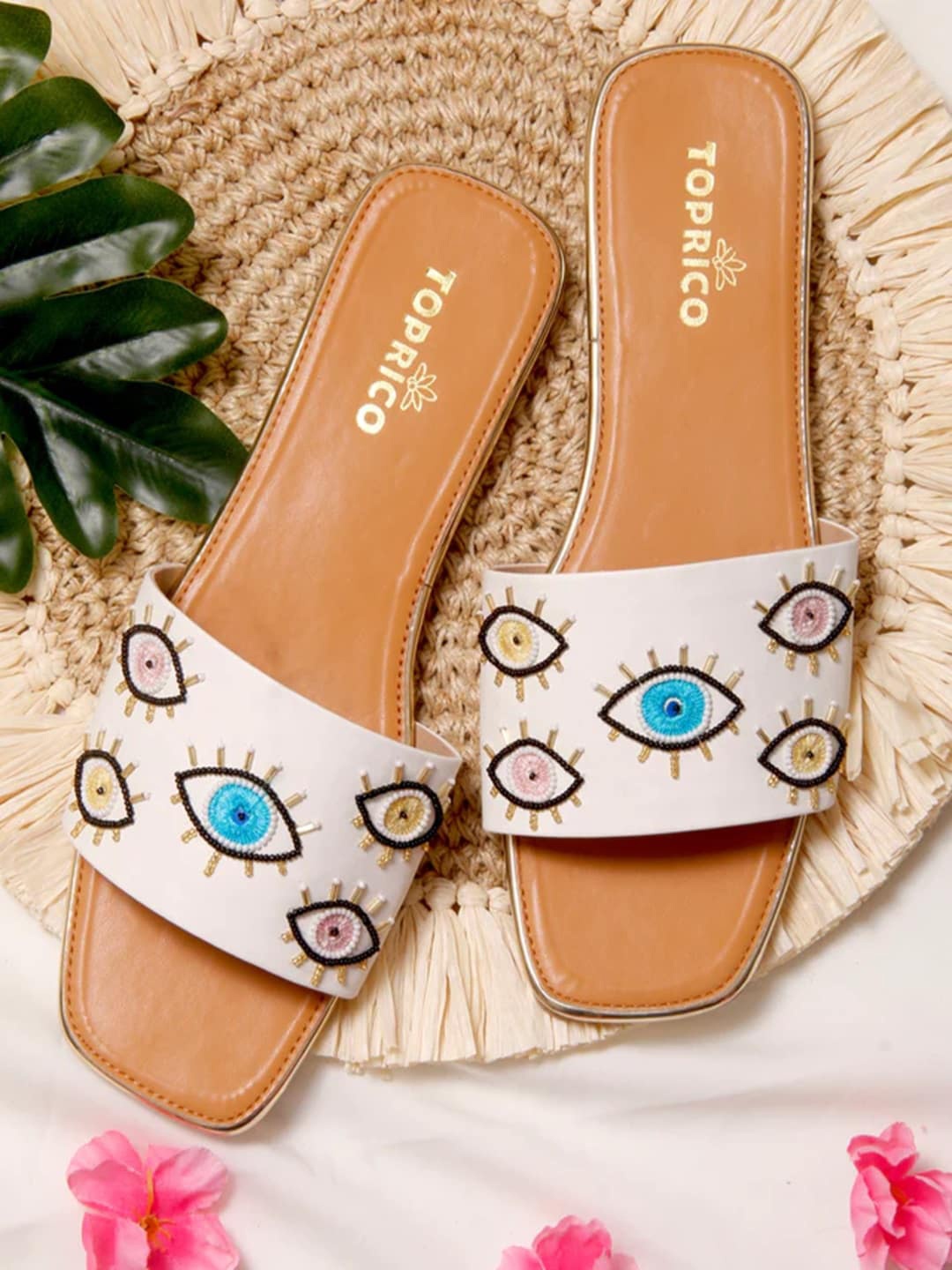 

TOPRICO Evil Eye Embellished Open Toe Flats, White