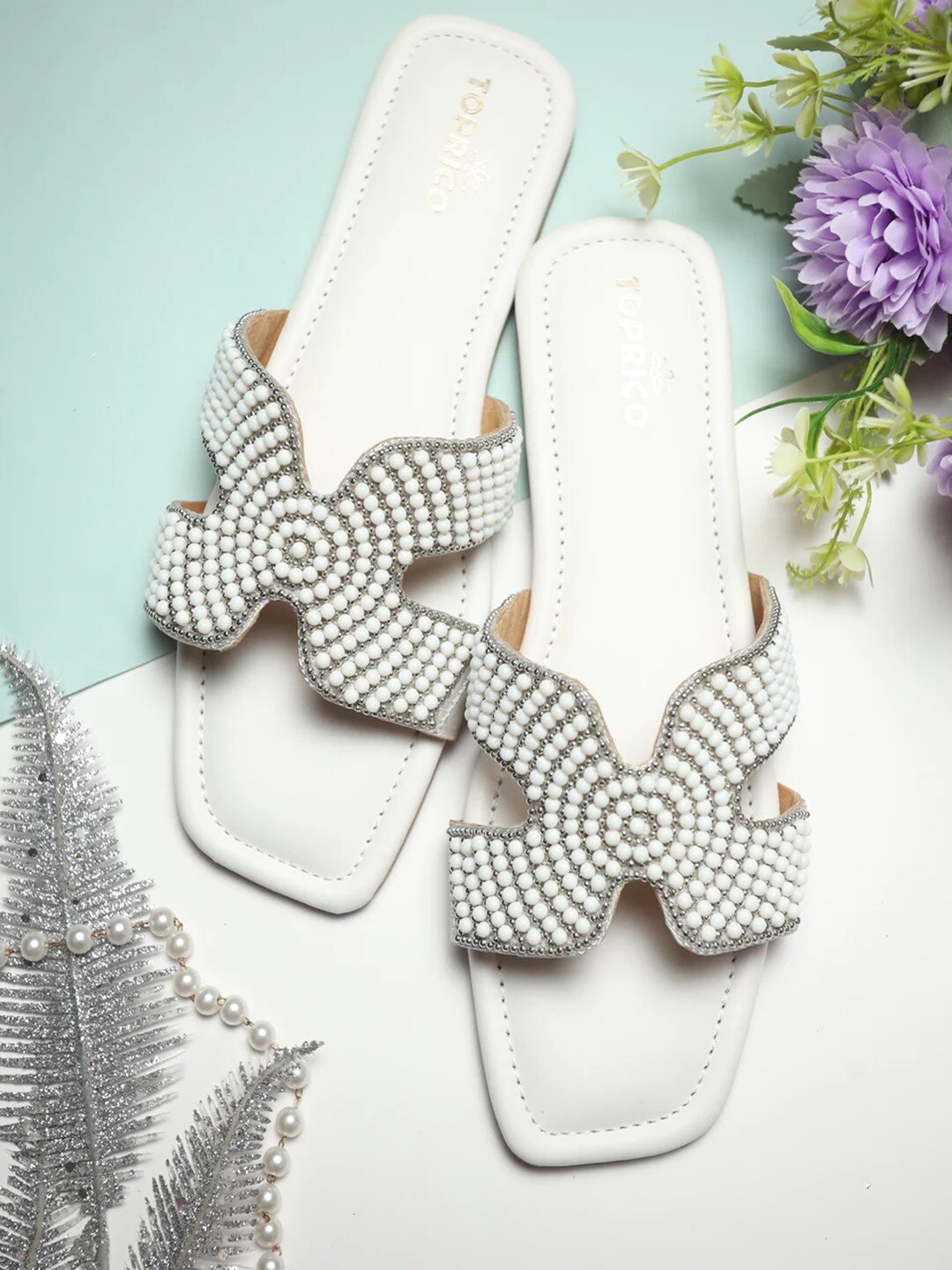 

TOPRICO Embellished H-Strap Open Toe Flats, White