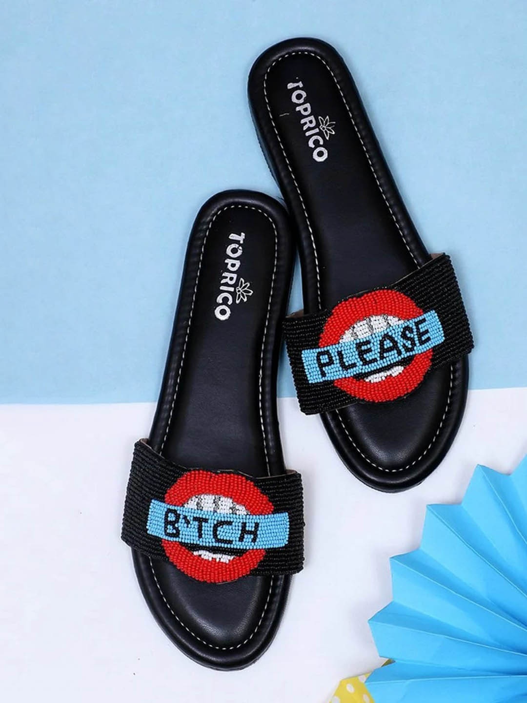 

TOPRICO Embellished Open Toe Flats, Black