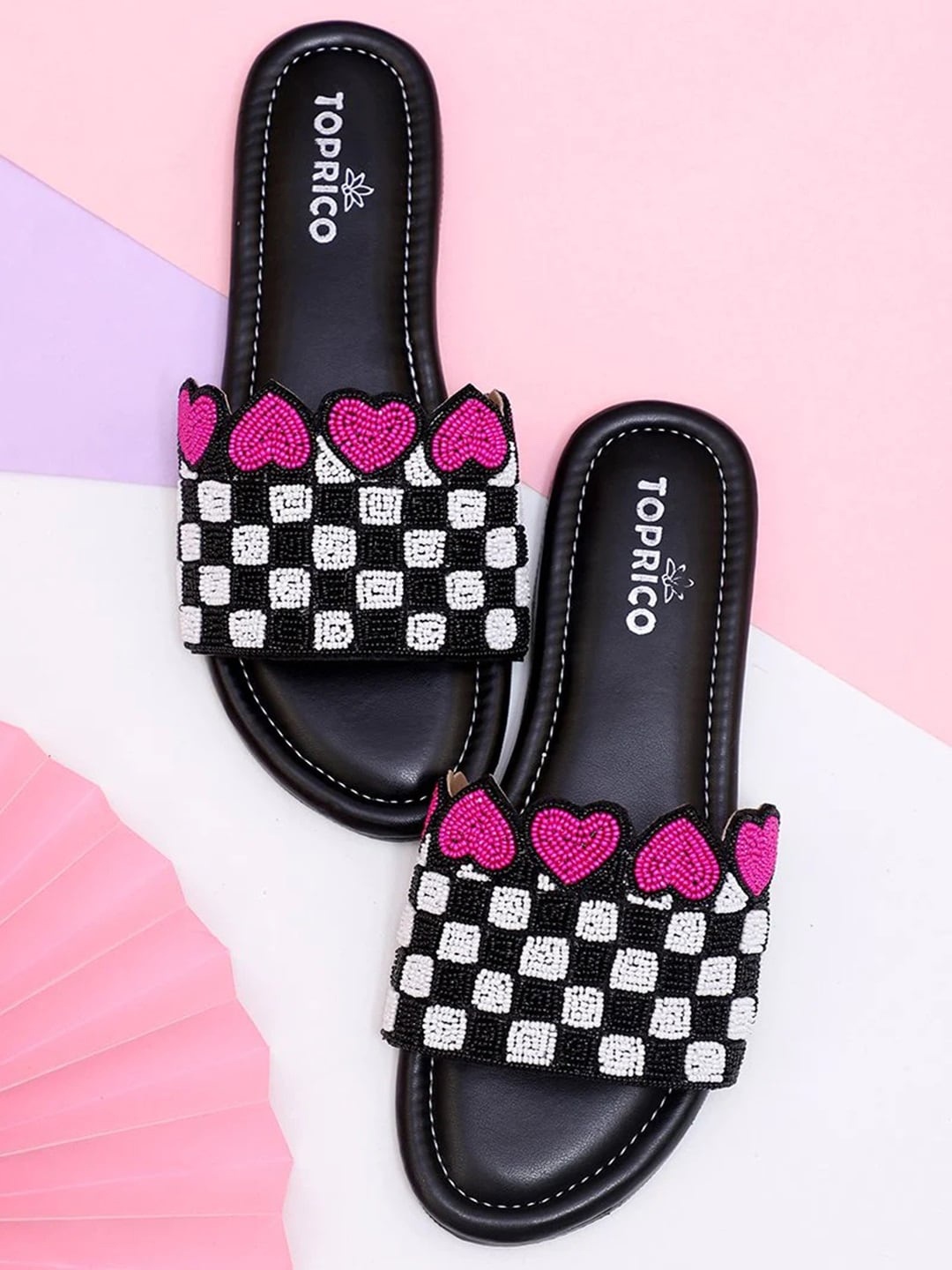 

TOPRICO Embellished Open Toe Flats, Black