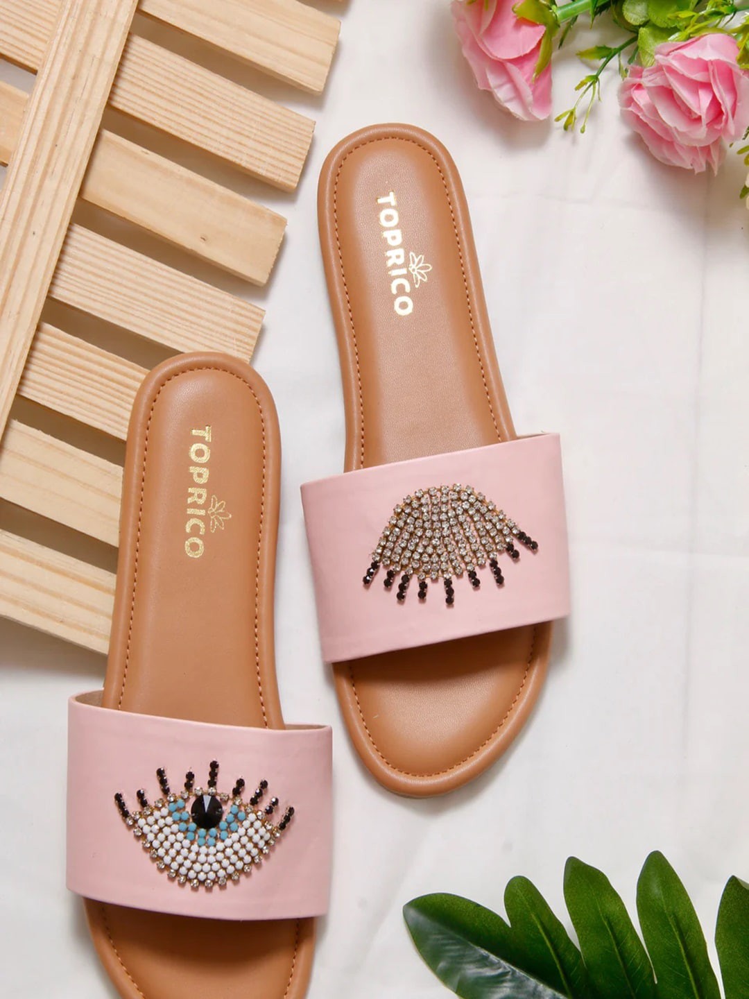 

TOPRICO Evil Eye Embellished Open Toe Flats, Pink