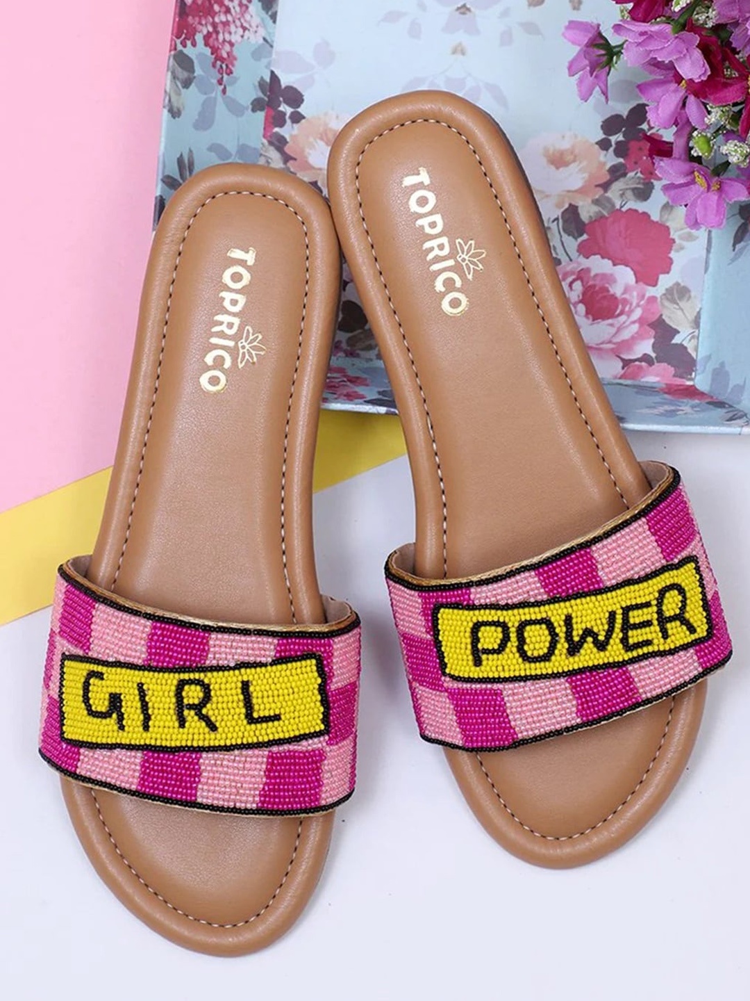

TOPRICO Embellished Open Toe Flats, Yellow