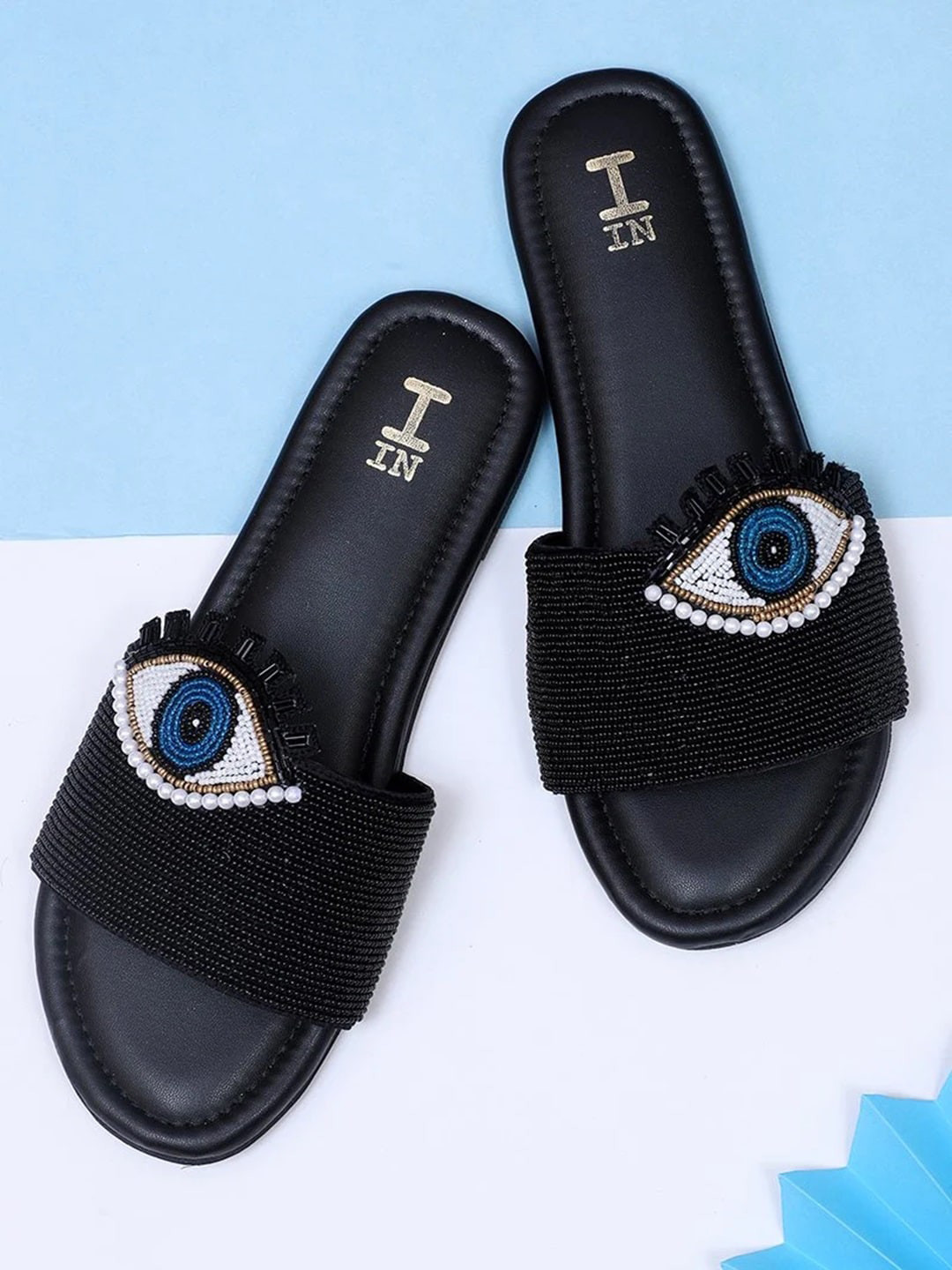 

TOPRICO Evil Eye Embellished Open Toe Flats, Black