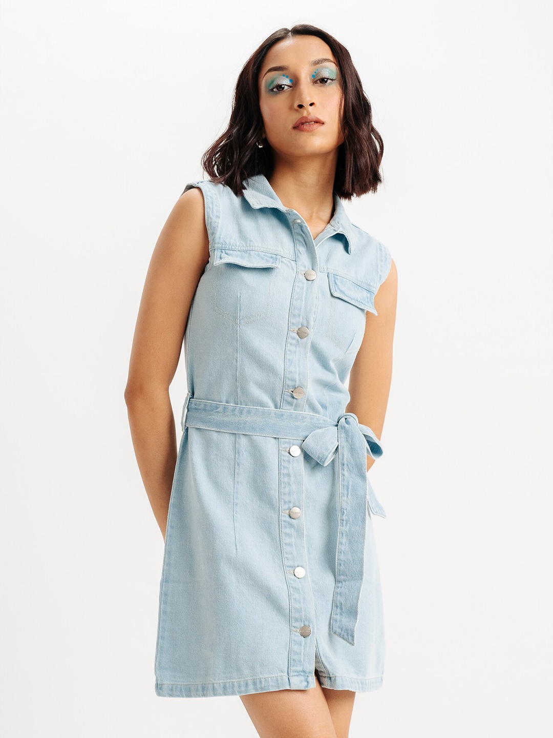 

FREAKINS Shirt Collar Tie Up Pure Cotton Shirt Dress, Blue